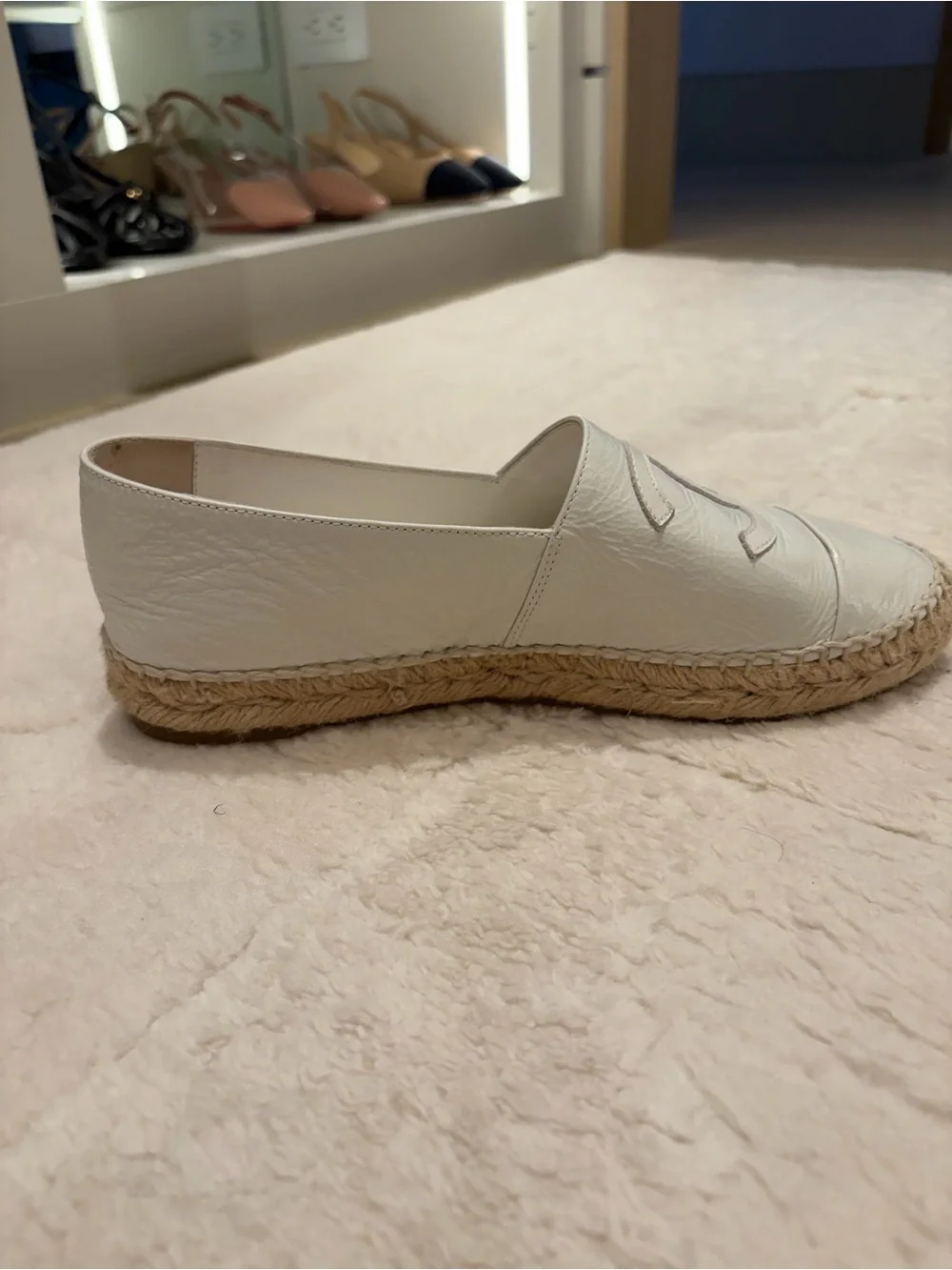 CHANEL Cream Leather Espadrille Flats with CC Logo